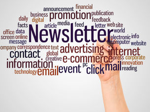Hand writing newsletter word cloud with terms like promotion, advertising, email, e-commerce, internet, and information on white background