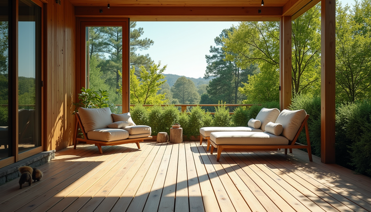 Eye-level view of a spacious wooden deck with comfortable seating and greenery