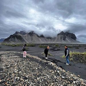 Black beach. Beautiful mountain. Hornafjörður. 