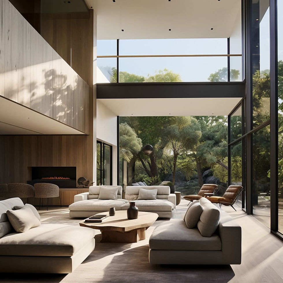 A spacious and luxurious living room with floor-to-ceiling windows showcasing a garden view, furnished with neutral-toned sofas and wooden coffee tables.