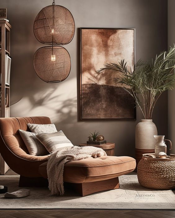 A cozy reading nook with a tan leather lounge chair, textured throw, and round wooden side table, complemented by spherical woven pendant lights and a large abstract wall art.