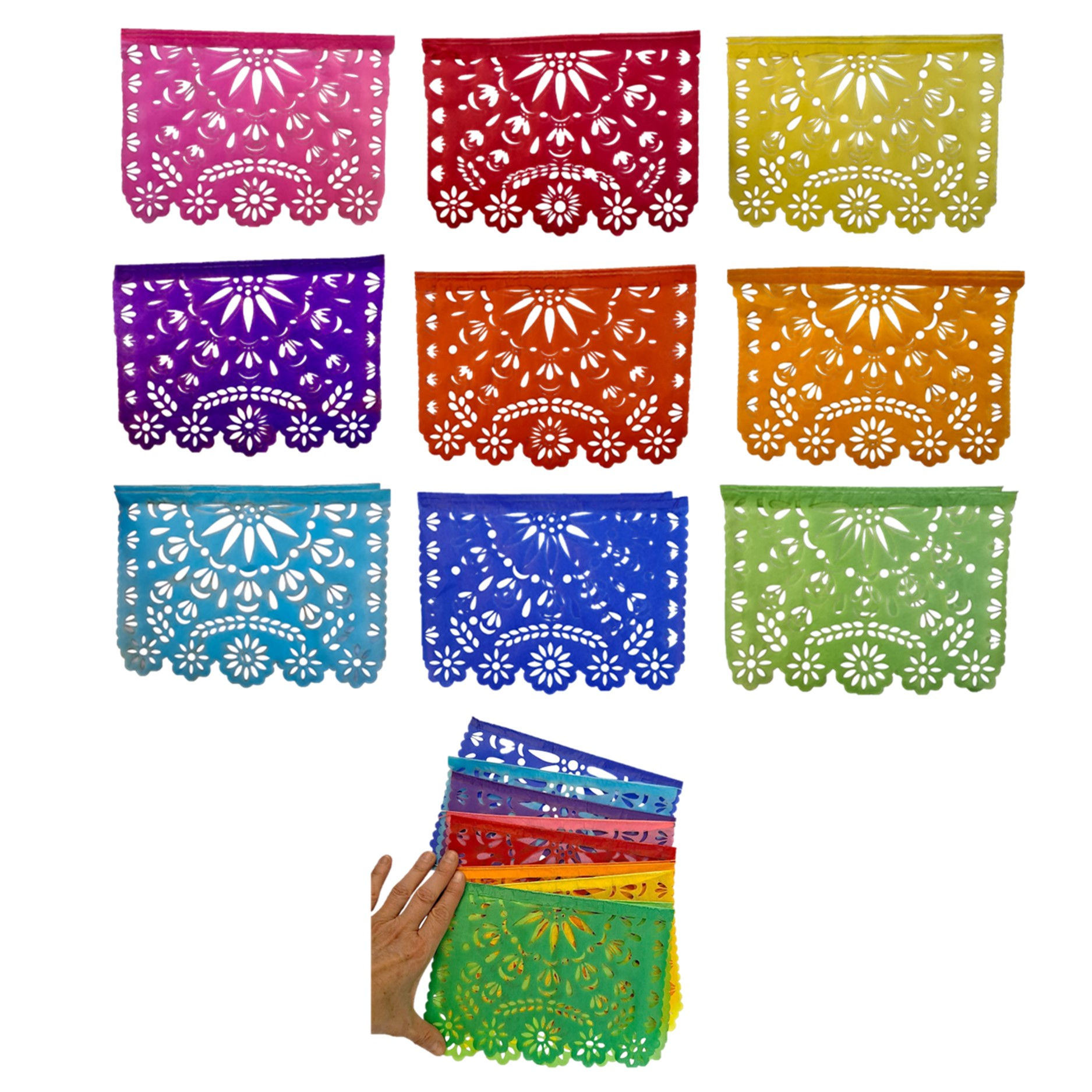 Banderín Mexicano Papel Floral Arcoíris 22x15 Cm Tira 2.8 Mt