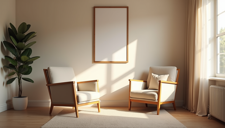 Eye-level view of a calm therapy room with soft lighting and comfortable seating