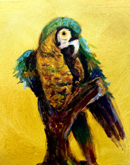 An oil painting of a macaw sitting on a branch created at Lavender Art Studios