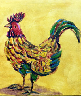 An acrylic painting of a rooster on a yellow canvas created at Lavender Art Studios