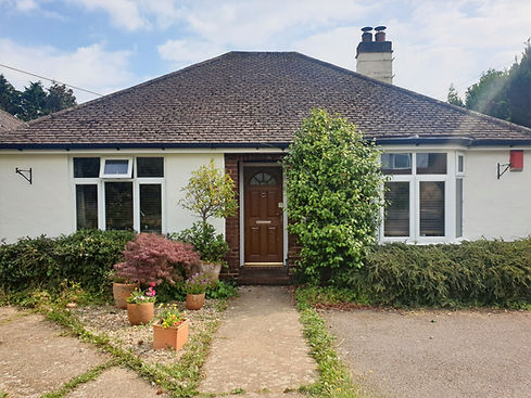 front of bungalow half rendered and painted with white sandtex paint, plants, trees and pots gardening