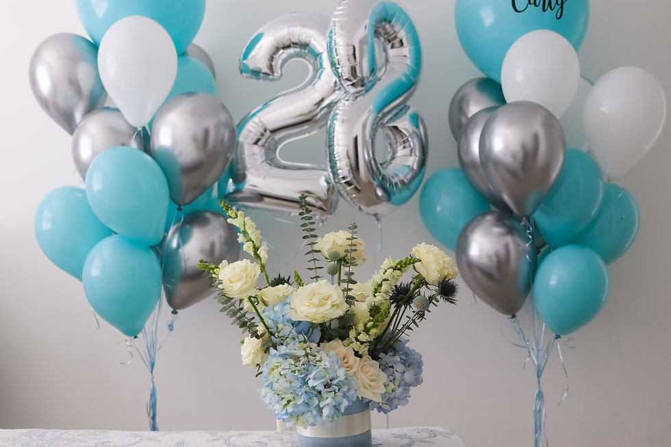 Flower box and balloon bouquet with numbers