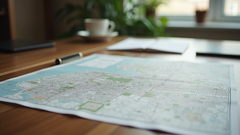 Eye-level view of a cityscape map spread out on a wooden table