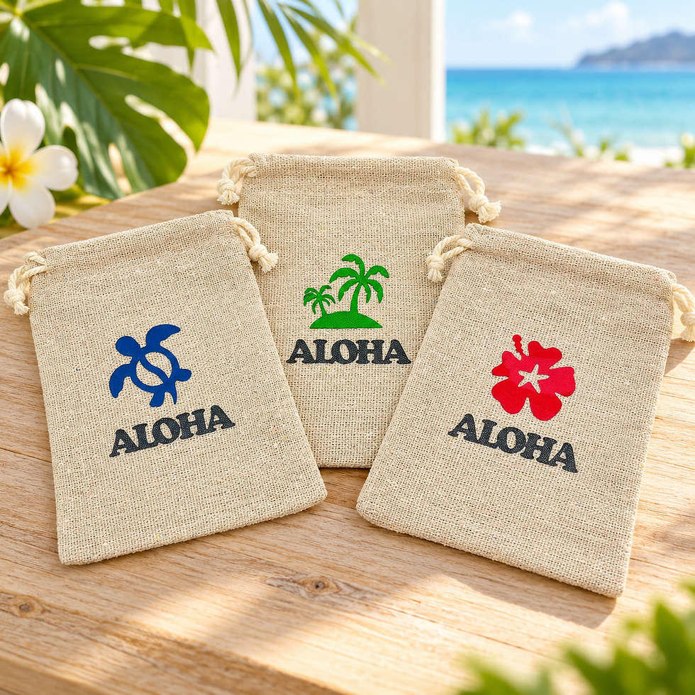 ホヌ・ヤシの木・ハイビスカスとALOHAの文字をあしらったハワイ柄のギフトポーチ