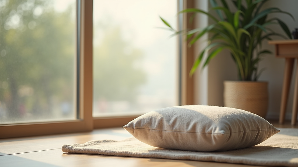 Close-up view of a meditation cushion and a small indoor plant