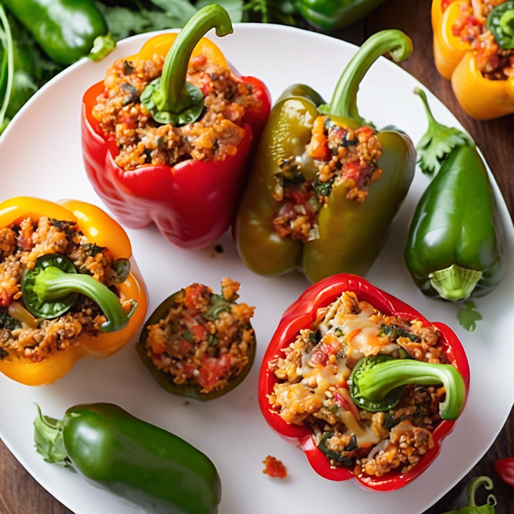 Stuffed red, yellow, and green peppers filled with a quinoa mixture on a white plate. Fresh jalapeños and cilantro scattered around.