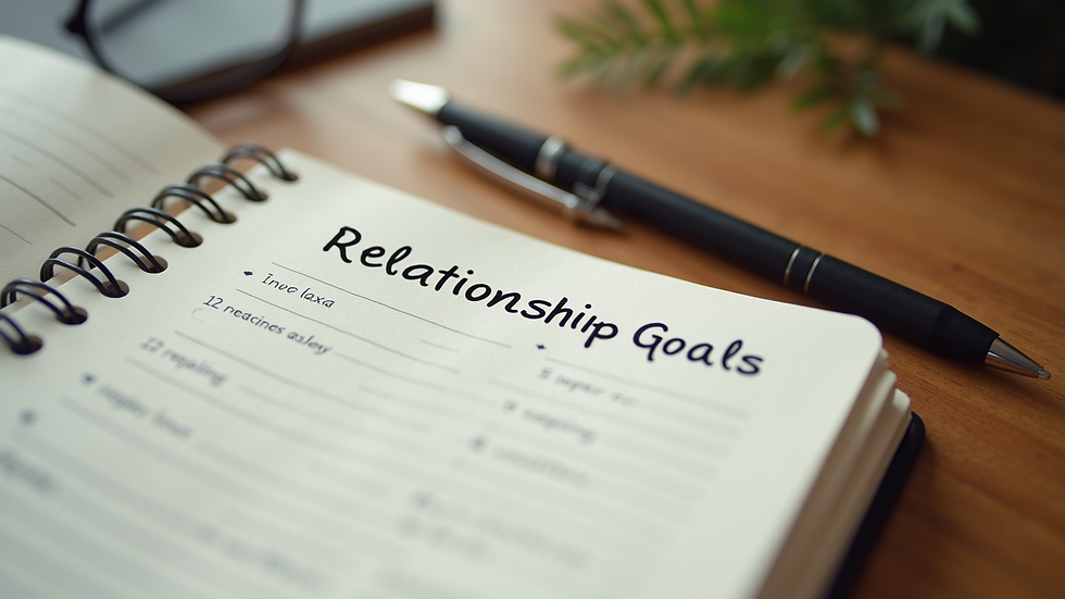Close-up view of a notebook with relationship goals and a pen on a wooden table