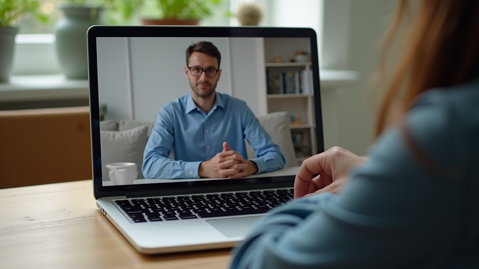 Close-up view of a laptop screen showing an online therapy session interface