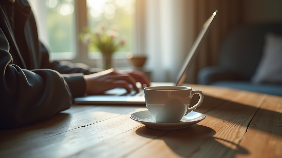 Eye-level view of a laptop on a cozy desk with a cup of tea