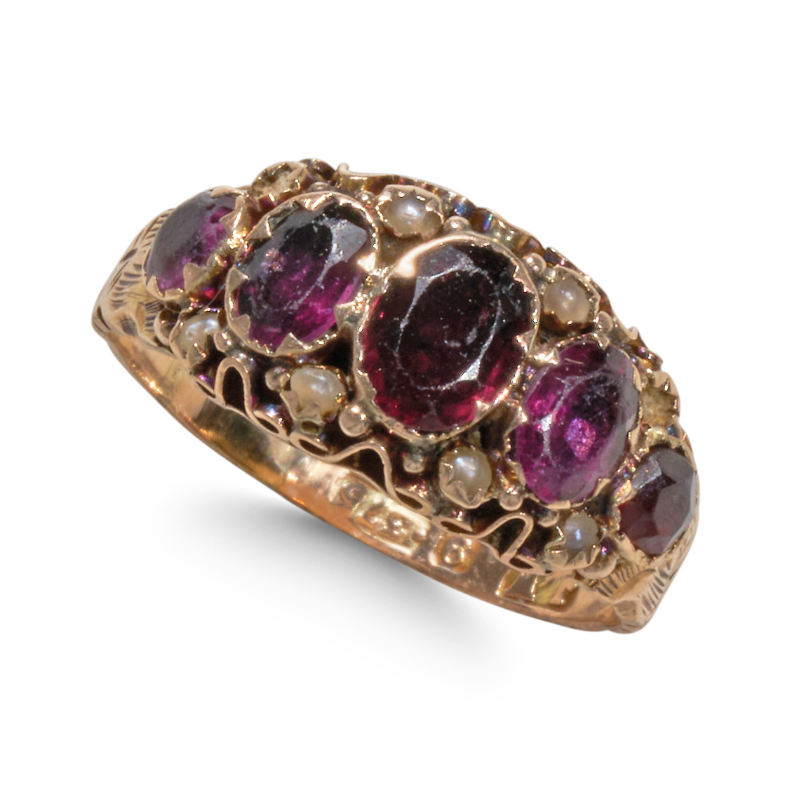 Victorian 9CT Yellow Gold, Garnet And Pearl Ring