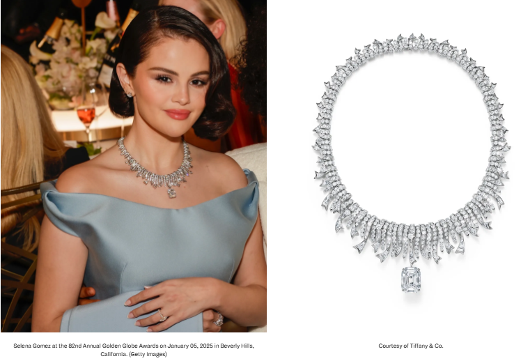 Selena Gomez had a Cinderella moment at the Golden Globes in a baby blue Prada gown, complemented by Tiffany & Co. diamonds, including stud earrings and a necklace with over 18 carats of diamonds. She wore a diamond ring from the 2024 Tiffany Blue Book Collection naturaldiamonds.com and added to her stack with a Tiffany Victoria ring and her new engagement ring from fiancé Benny Blanco. She was nominated for her roles in Emilia Pérez and Only Murders in the Building.