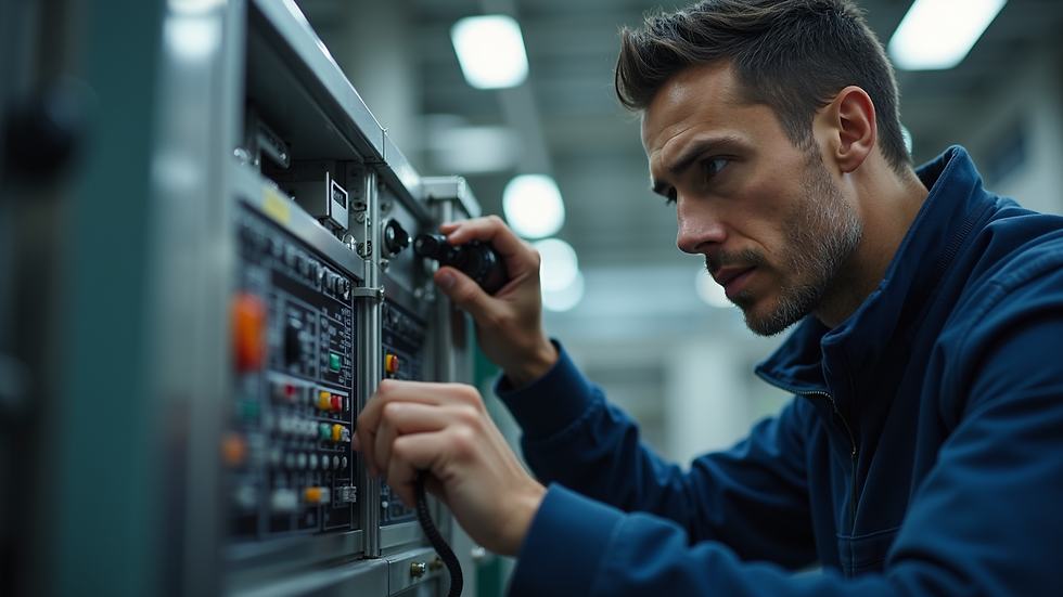 Close-up view of technician inspecting industrial equipment