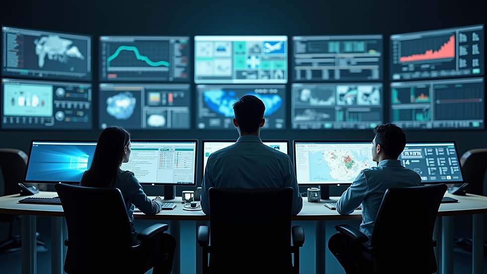 High angle view of control room monitoring multiple asset systems