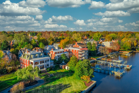 Chester River Landing is a small collection of new homes in Chestertown, MD. Choose from new single family, townhomes, or semi detached homes. Community Firepit is pictured.