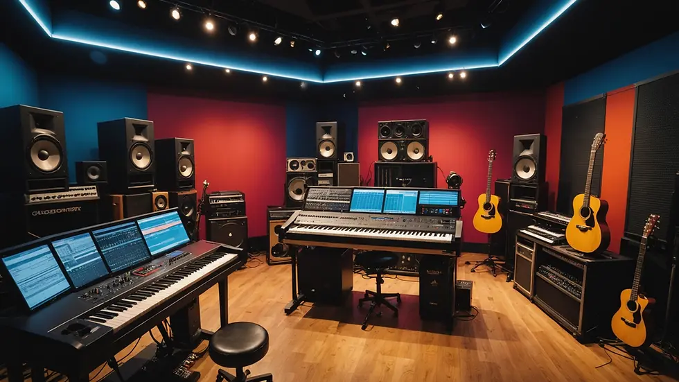 Wide angle view of a music studio with vibrant colored instruments
