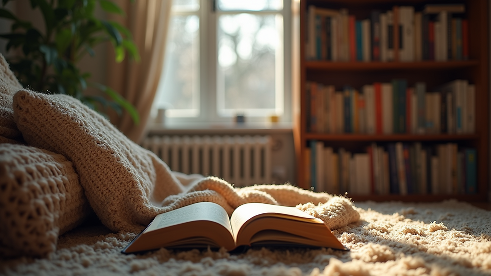 Eye-level view of a cozy reading nook with a bookshelf and a warm blanket