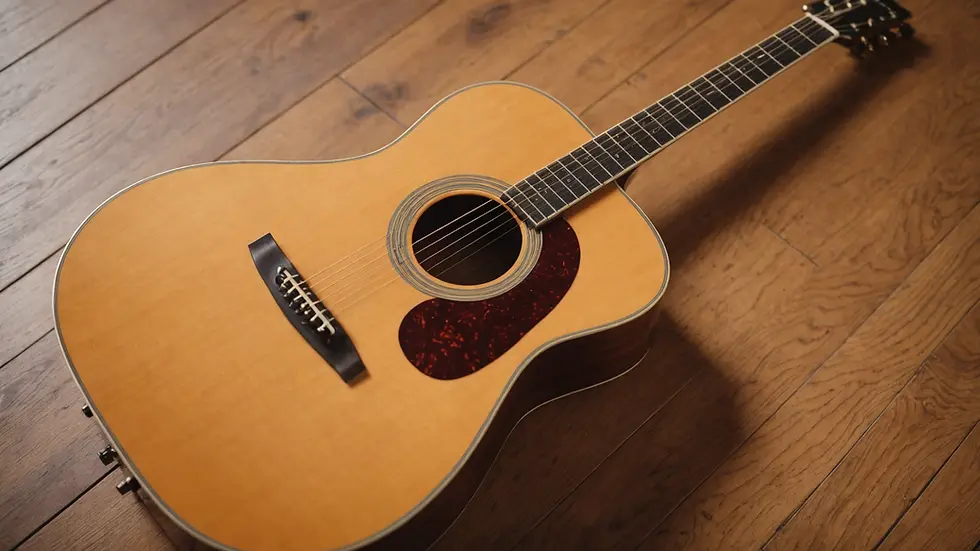 High angle view of an acoustic guitar resting on a wooden floor