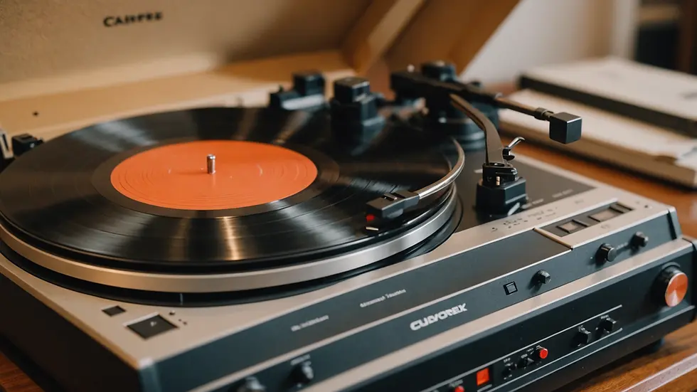 Close-up view of a vintage record player with vinyl records