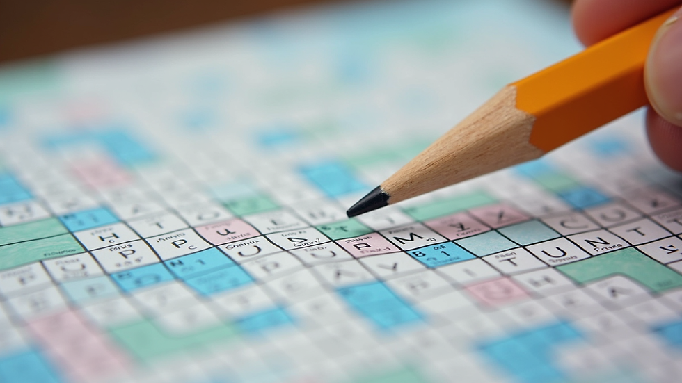 Close-up view of a colorful crossword puzzle with a pencil