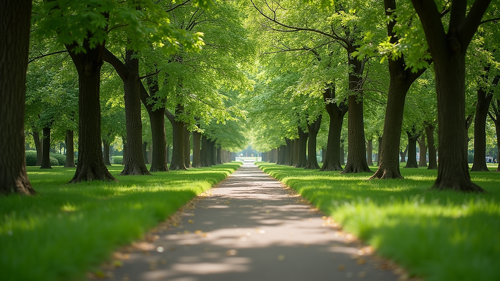 Eye-level view of a peaceful park pathway surrounded by green trees