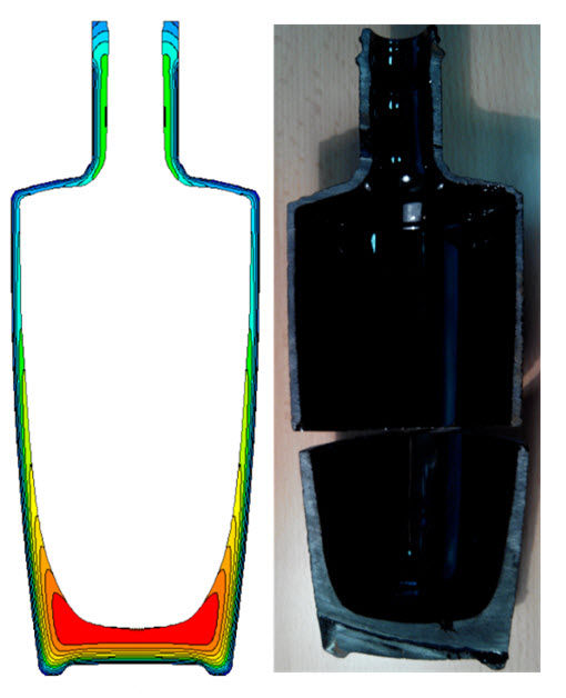 Figures 11 and 12 (left and right): Temperature/glass thickness profile using black glass physical properties (left). On the right the actual bottle.