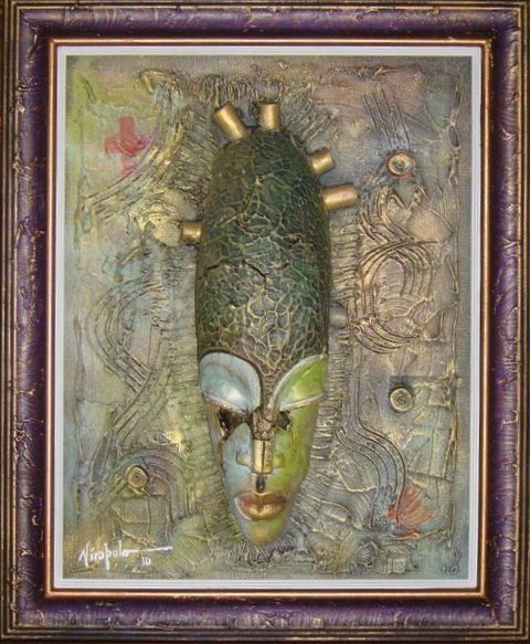 Mask - acrylic on wood and clay