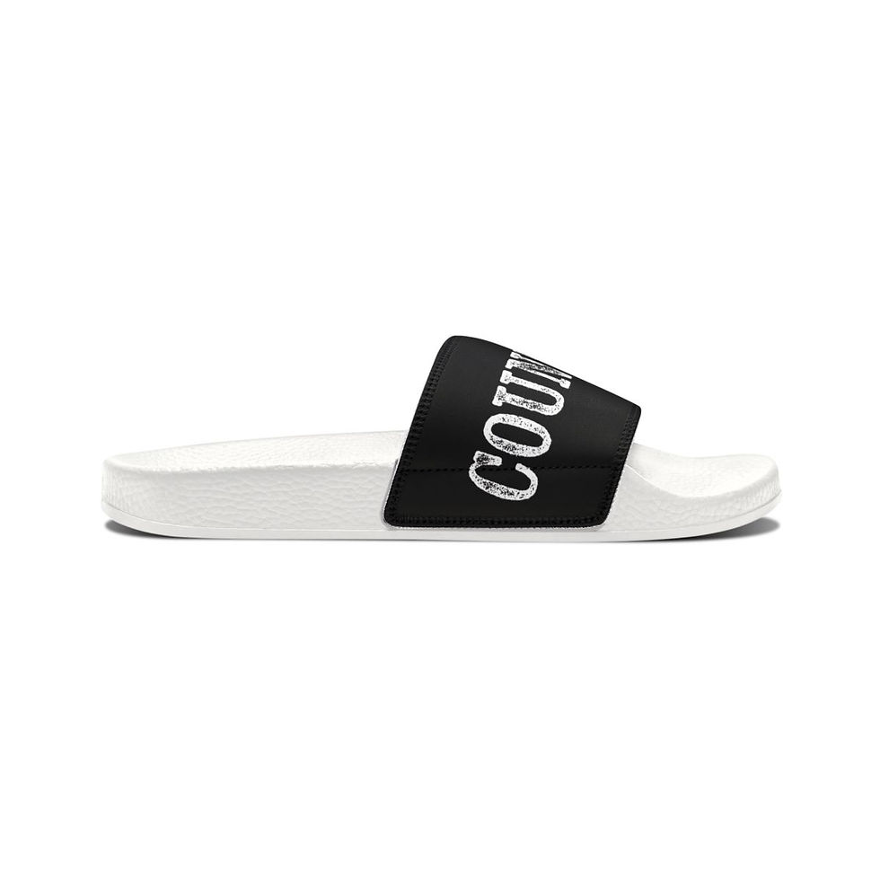 Thumbnail: White and black slider sandals with the text 'COUTURE' on the strap.