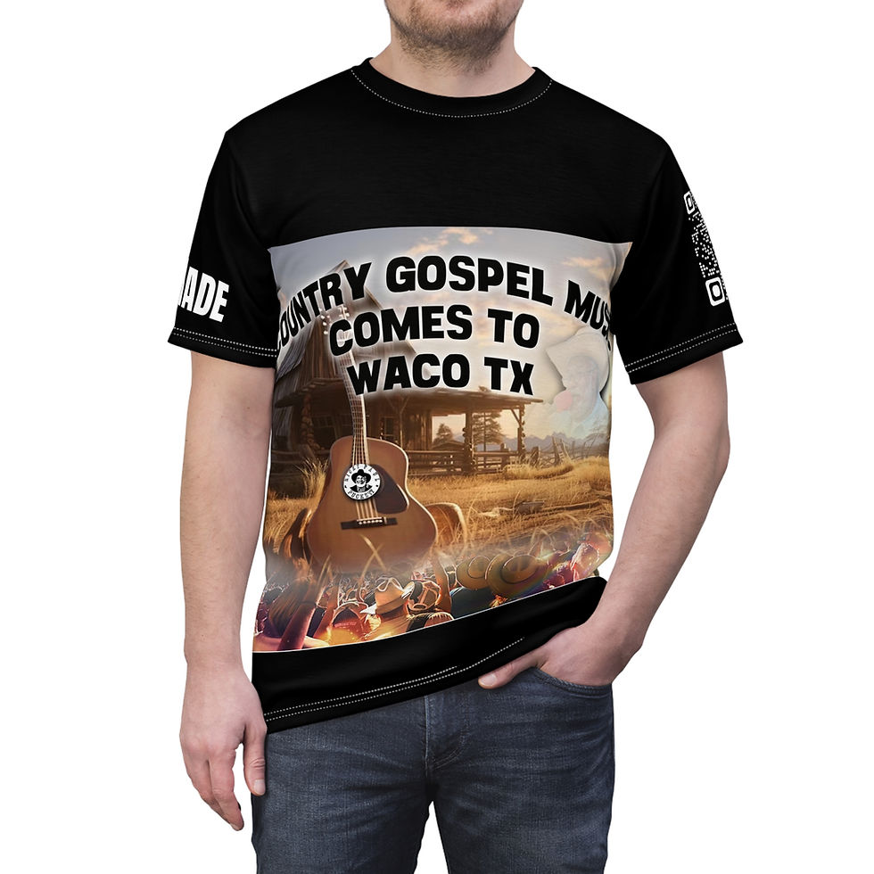 Thumbnail: Man wearing COUNTRY GOSPEL MUSIC COMES TO WACO TX shirt, with a guitar scene.