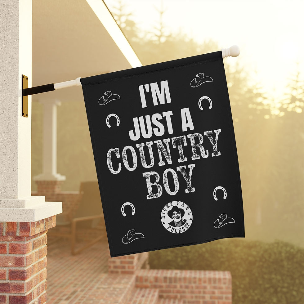 Thumbnail: Black flag saying "I'm Just A Country Boy" hanging on a porch.