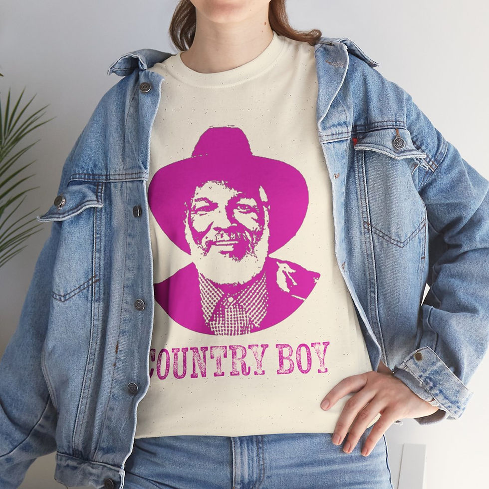 Thumbnail: Woman wearing a shirt with a graphic that says COUNTRY BOY WACO LOVES COUNTRY GOSPEL MUSIC T-SHIRT.