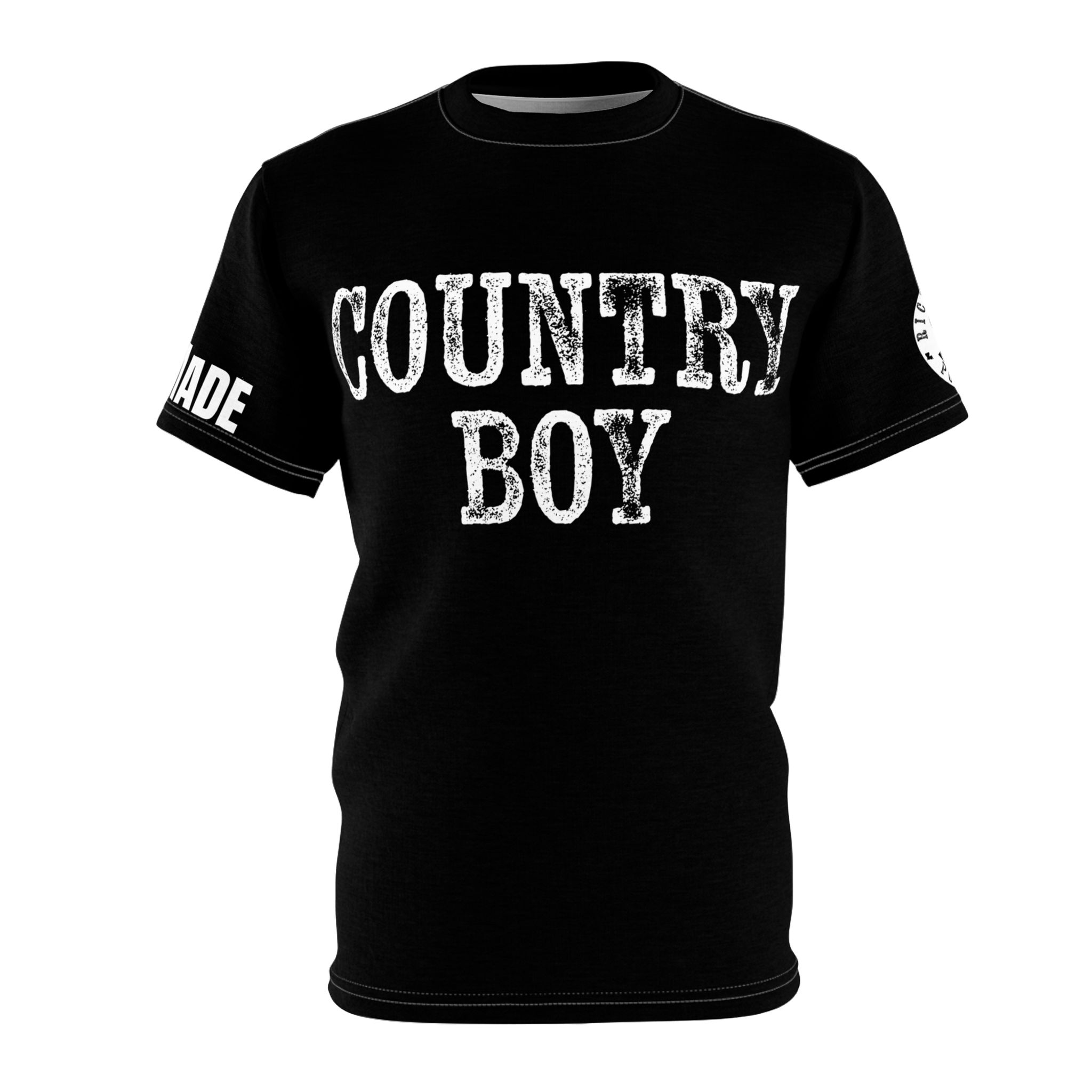 Black shirt with "COUNTRY BOY" text. Made in USA on sleeve.
