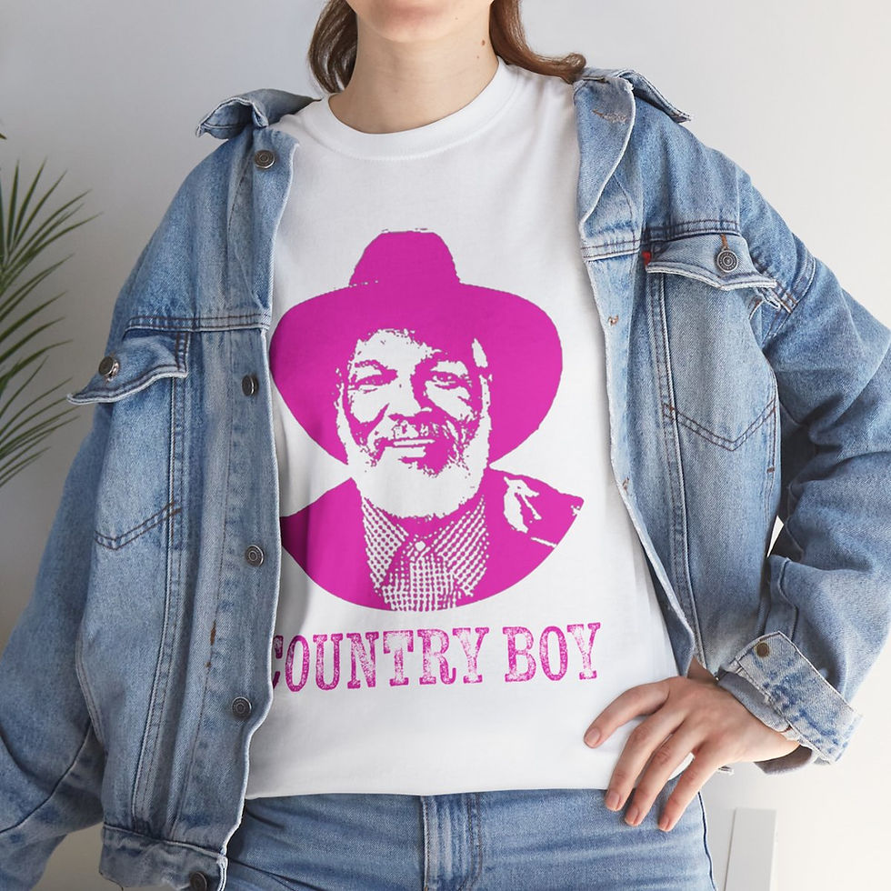 Thumbnail: Woman wears Country Boy T-shirt, denim jacket, WACO LOVES COUNTRY GOSPEL MUSIC T-SHIRT.