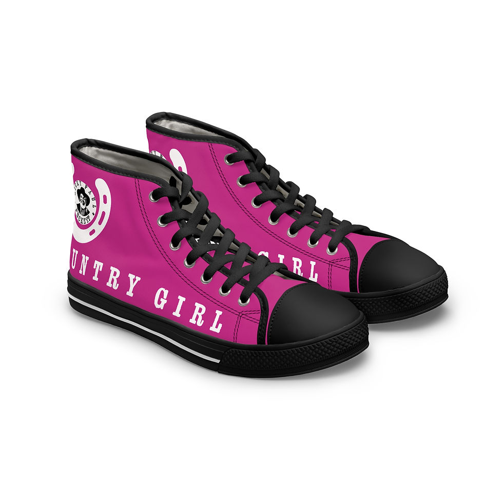 Thumbnail: Pink and White Country Girl High Top Sneakers with text detail on canvas material.