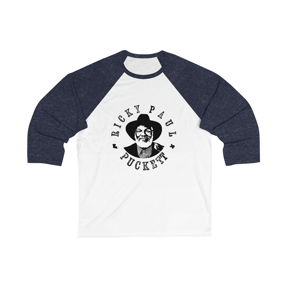 Thumbnail: White and navy baseball tee with RICKY PAUL POCKETS graphic logo.