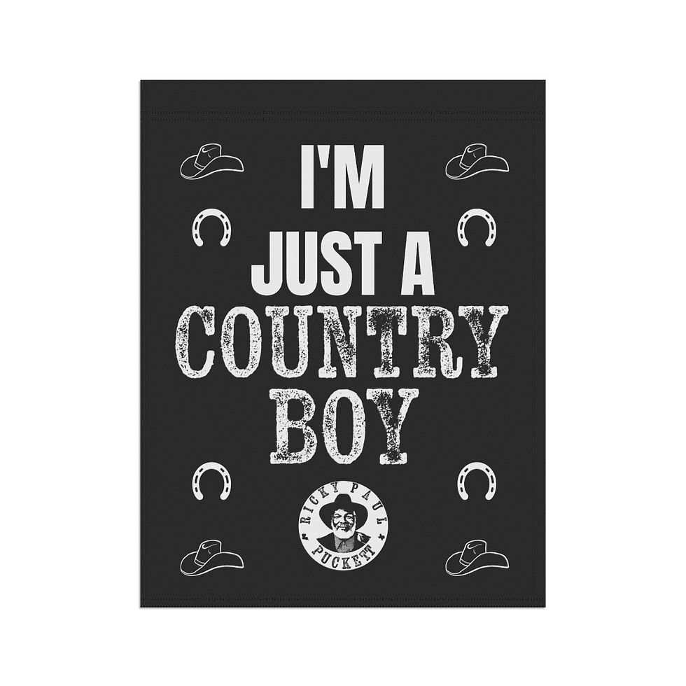 Thumbnail: Black graphic reads: I'm Just a Country Boy with hats and horseshoes.