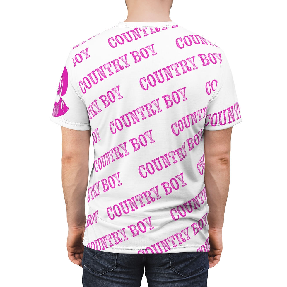 Thumbnail: Man wearing white t-shirt with pink angled text that says COUNTRY BOY .