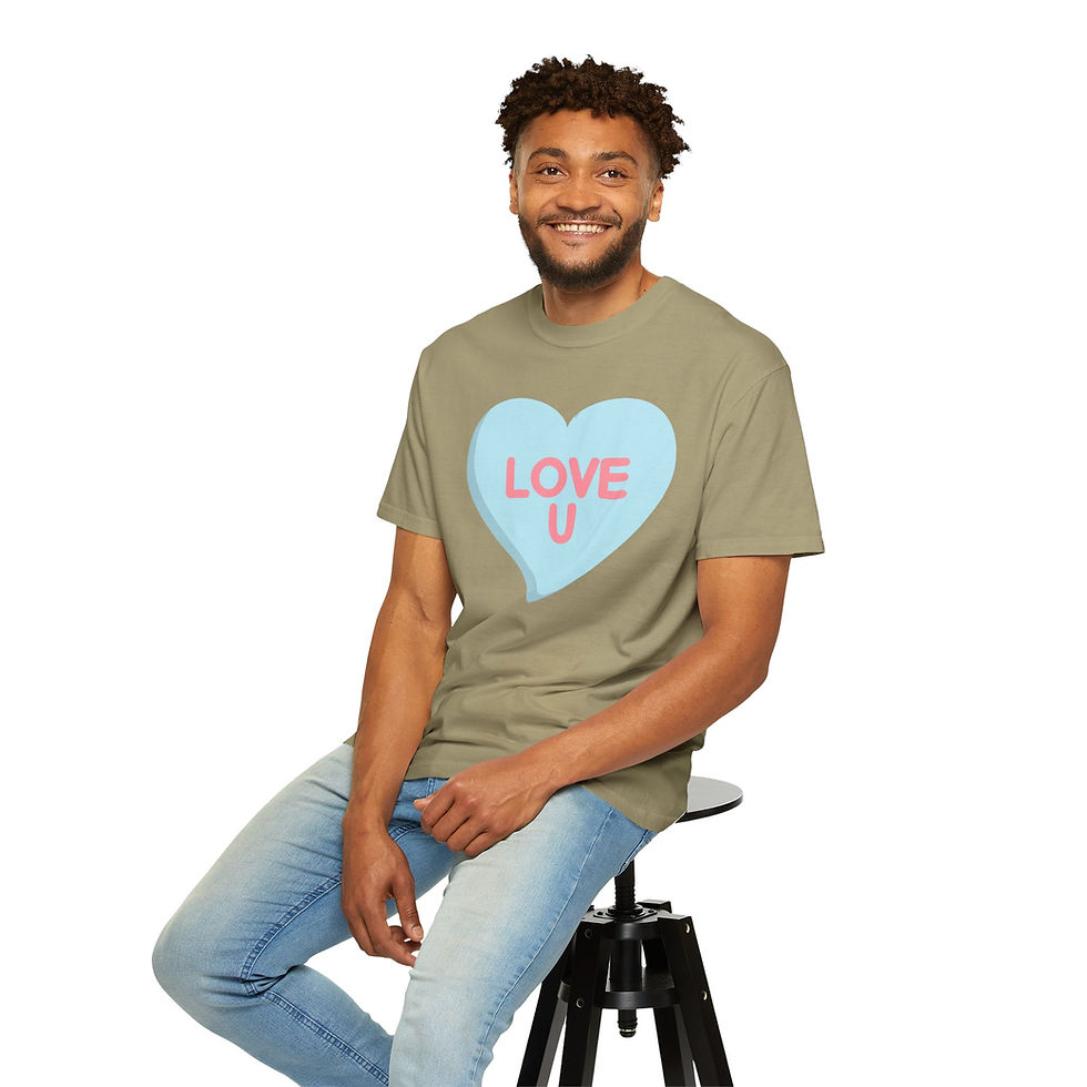 Thumbnail: Smiling man wearing a t-shirt with a blue heart that says "LOVE U".