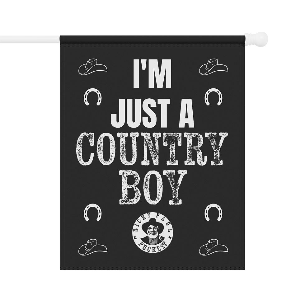 Thumbnail: Black flag with "I'm Just A Country Boy" print and symbols.