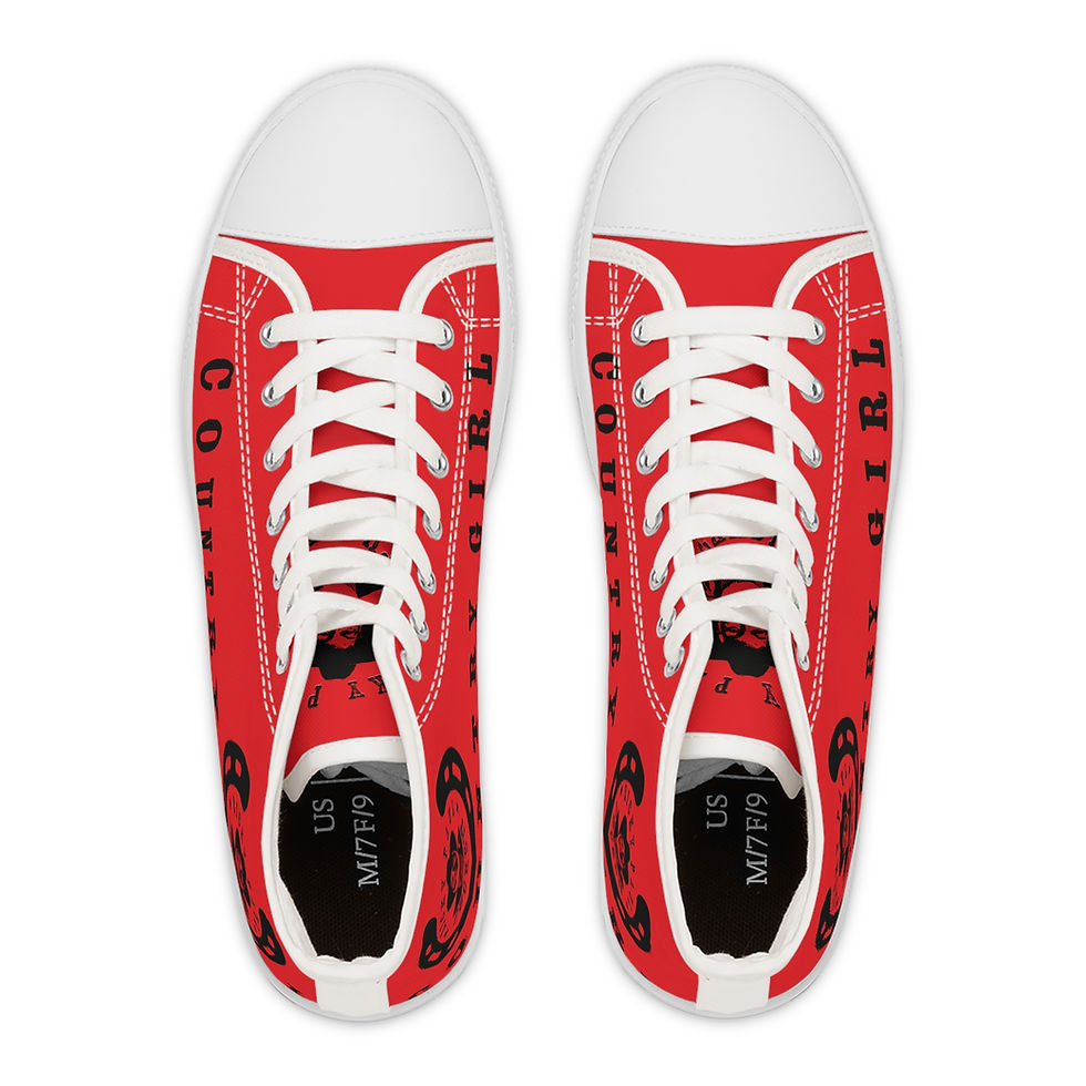 Red sneakers with black text and white laces, shoes for sale.