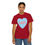 Thumbnail: Woman wearing a red t-shirt with a blue heart that says SWEET, smiling