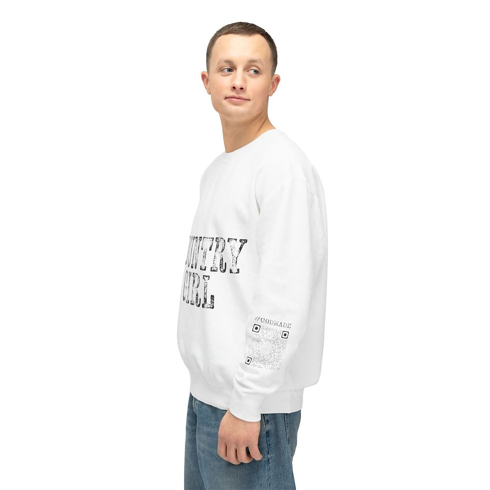 Thumbnail: Man wearing white sweatshirt with text detail, side view, on white background.
