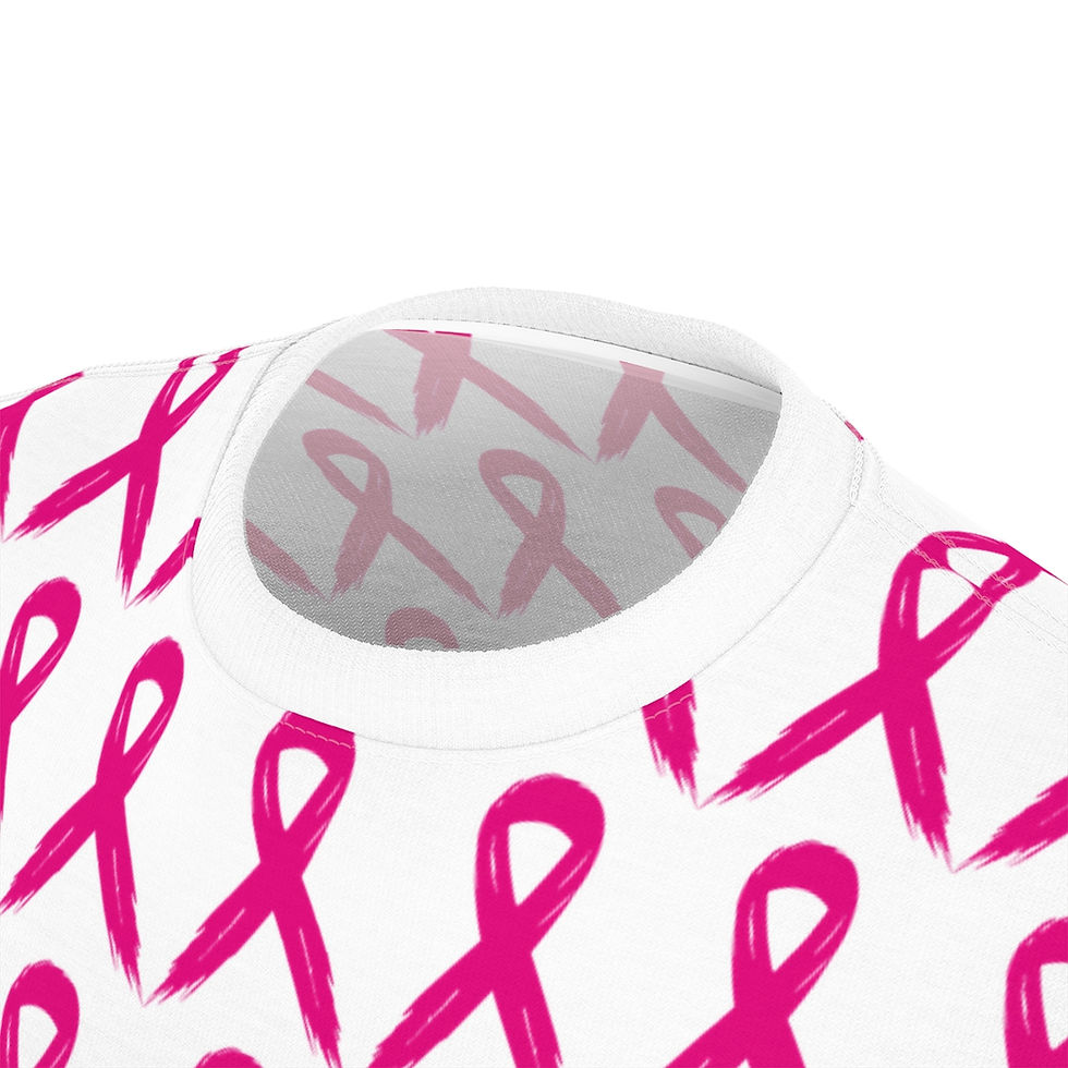 Thumbnail: White t-shirt with pink breast cancer ribbons, raising awareness for cure.