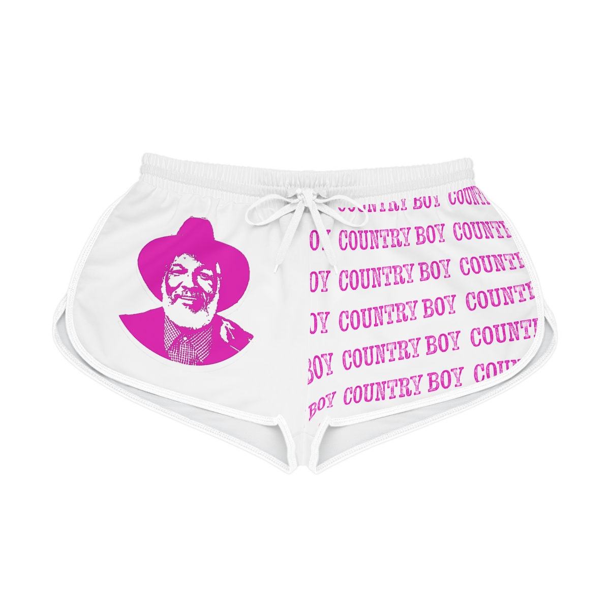 White shorts with pink print and text, COUNTRY BOY COMES TO WACO, TX