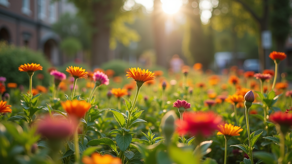 Eye-level view of a vibrant community garden with blooming flowers