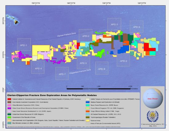 International Seabed Authority map of 19 mining exploration license areas in the Pacific Ocean between Hawaii (top left) Kiribati (bottom left) and Mexico (to the right) covering a combined license area of around 1.5 million square kilometres. Source – International Seabed Authority Website